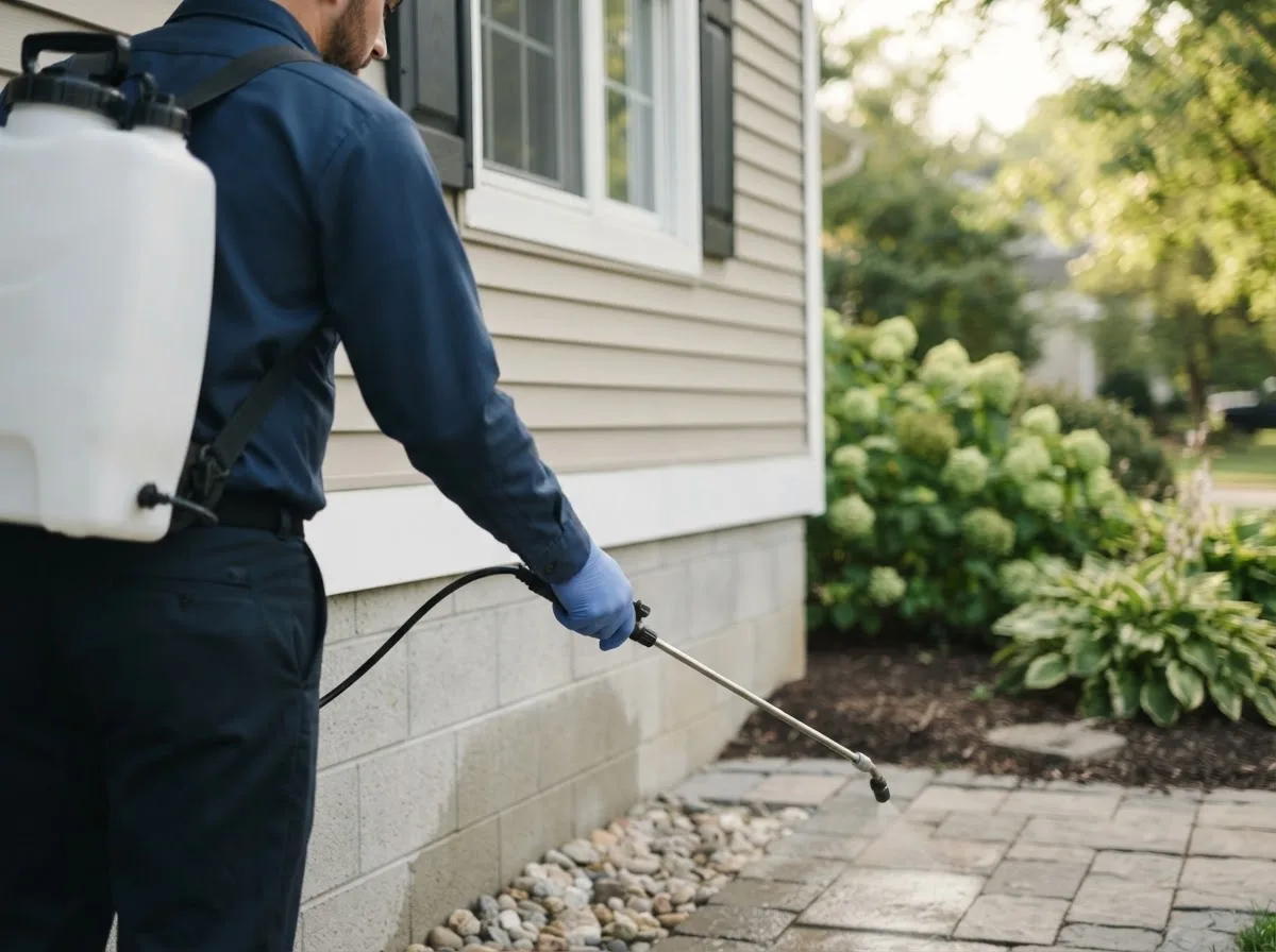 Pest control technician inspecting a home in Sac City, IA
